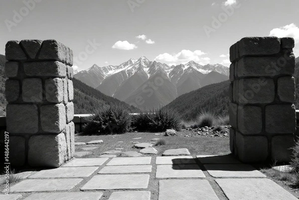 Fototapeta Stone patio infinity edge, mountain vista  Clean lines, simple furniture, fire pit  Serene, upscale,  view,  serene