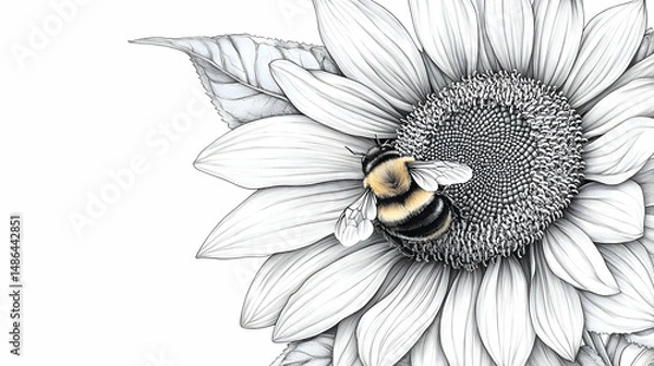 Obraz A close-up of a bumblebee collecting pollen from a bright yellow sunflower under the spring sun