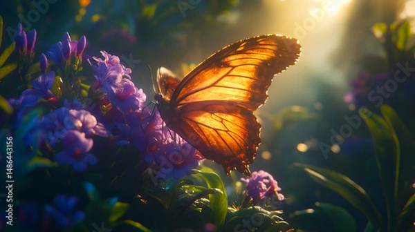 Obraz A close-up of a butterfly perched on a vibrant purple flower, with sunlight illuminating its wings