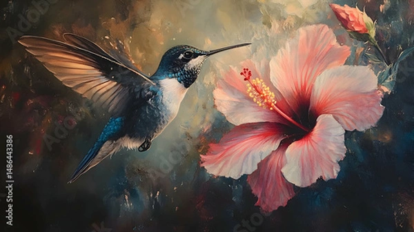 Obraz A close-up of a hummingbird hovering near a blooming hibiscus, its iridescent feathers shining in the sunlight