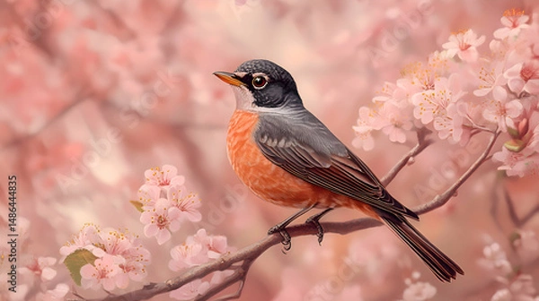 Obraz A close-up of a robin perched on a branch, with delicate pink blossoms and fresh green leaves in the background