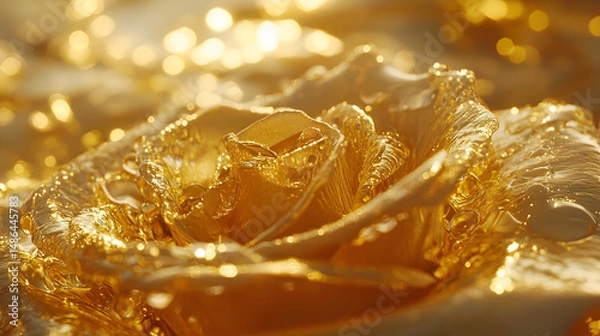Obraz A close-up of droplets on a rose petal, glistening in the soft golden light of dawn