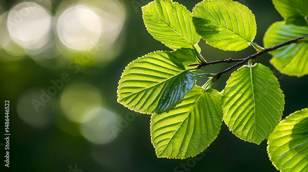 Obraz A close-up of fresh leaves gently swaying in the crisp spring air, illuminated by golden sunlight