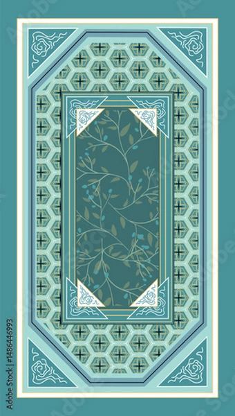 Fototapeta Intricate ornamental illustration. Floral pattern with geometric frame in teal tones.