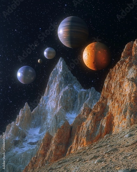 Fototapeta Montage of natural satellites across planets including Europa Titan Phobos space photography composite digital render