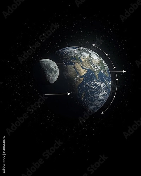 Fototapeta Moon Earth with matching tidal bulges ocean arrows pointing outward Matched Tidal Response Earth ocean dynamics Physics concept art Digital art