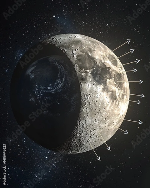 Fototapeta Moon Earth with matching tidal bulges ocean arrows pointing outward Matched Tidal Response Earth ocean dynamics Physics concept art Digital art