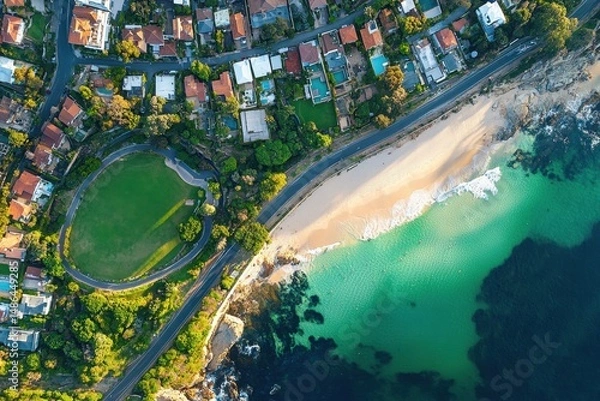Obraz Beautiful aerial view of Bronte beach park and surrounding residences during daylight, Bronte Sydney Aerial view of beach, park and residential real estate area