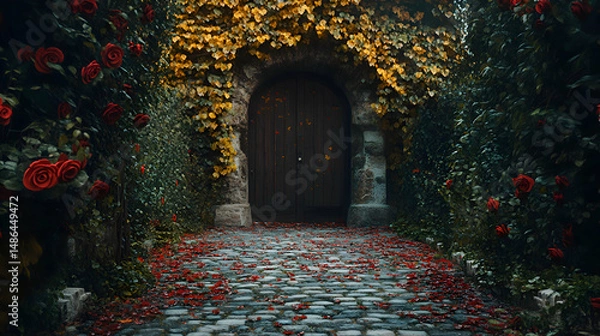Obraz A cobblestone pathway leading to a rustic wooden door framed by climbing roses and ivy