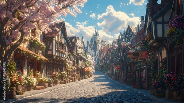 Obraz A cobblestone street in a quaint village, lined with pastel-painted buildings and flower boxes