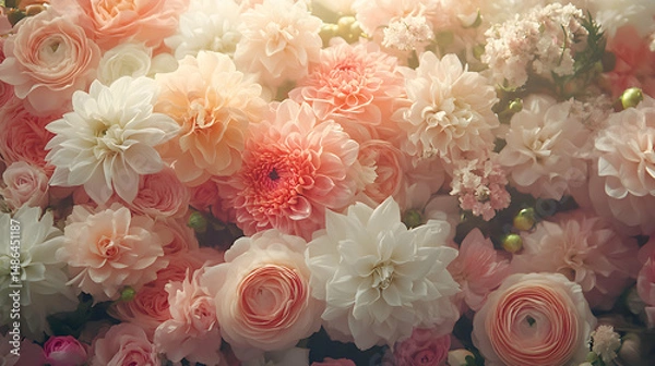 Obraz A collection of pastel blooms arranged neatly in a market stall, with soft sunlight filtering through