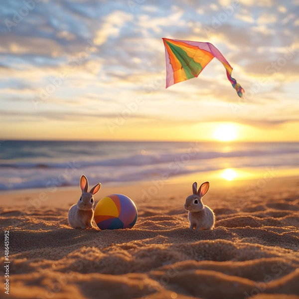 Obraz Two rabbits are standing on the beach next to a ball