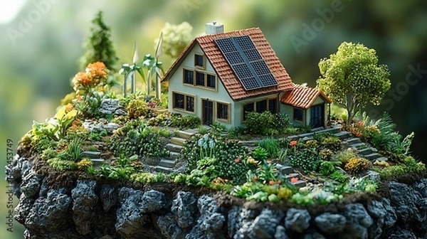 Fototapeta Model of sustainable practices reducing CO improving land use Sustainable Solutions green tech concept art renewable energy elements digital render