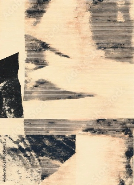 Fototapeta A handcrafted abstract composition combining geometric blocks and expressive ink brush textures on warm-toned, aged paper.