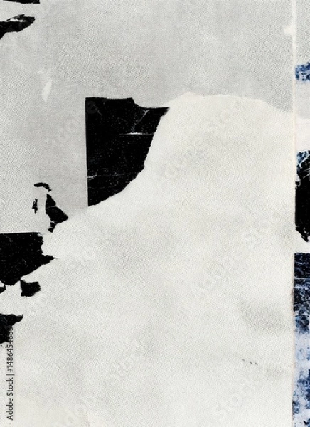 Fototapeta Torn Paper Abstract with Black Accents and Minimalist Texture. This abstract artwork features torn paper edges layered over soft gray and white tones, contrasted by bold black and subtle blue fragment
