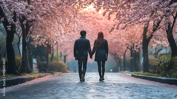 Obraz A couple holding hands while walking along a cobblestone path lined with blossoming trees