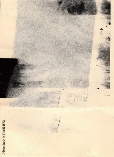 Obraz Soft Abstract Composition with Faded Tones and Graphic Brush Strokes. This abstract image features a blend of soft beige and gray washes, layered with graphic black blocks and subtle ink marks.