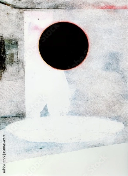 Fototapeta Surreal Abstract with Black Circle and Ethereal Light Texture. This surreal abstract artwork features a stark black circle suspended above a pale, glowing ground, framed by soft watercolor textures 