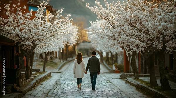 Obraz A couple holding hands while walking along a cobblestone path lined with blossoming trees