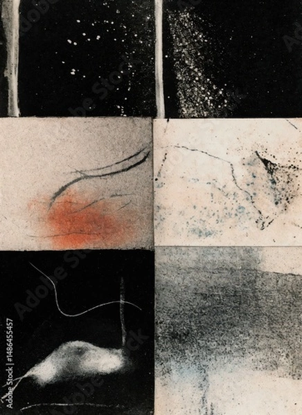 Obraz Abstract Grid Composition with Textural Variations and Subtle Color Accents. This abstract artwork presents a six-part grid of contrasting textures, blending soft grays, deep blacks.