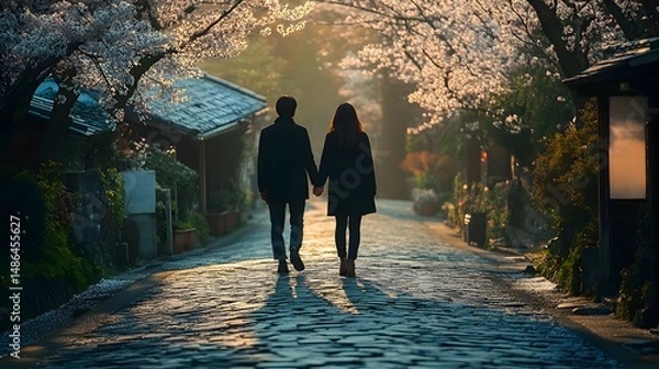 Obraz A couple holding hands while walking along a cobblestone path lined with blossoming trees