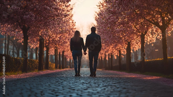 Obraz A couple holding hands while walking along a cobblestone path lined with blossoming trees