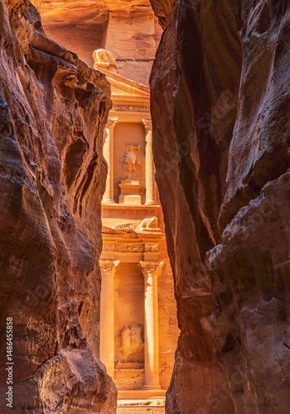 Obraz The carved facade of the Treasury building or Al-Khazneh in the ancient city of Petra in Jordan seen through narrow Siq gorge
