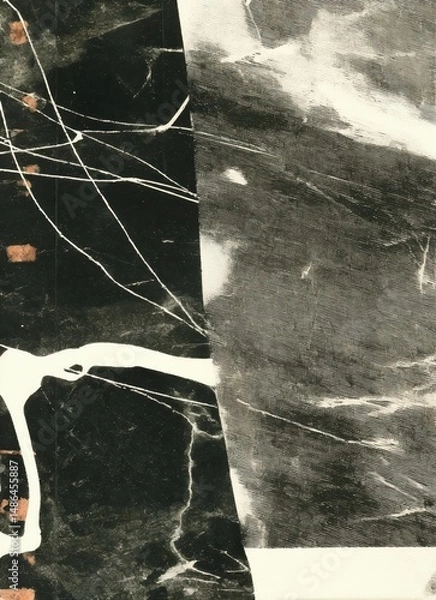Obraz Abstract Collage with Marble-Like Textures and Linear Accents. This abstract composition blends dark and light marble-like textures with dynamic white lines and subtle copper elements. 