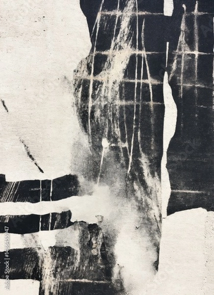 Fototapeta Textured Abstract with Grid Impressions and Raw Vertical Forms. This abstract artwork features a bold interplay of vertical black forms and scratched grid lines. 