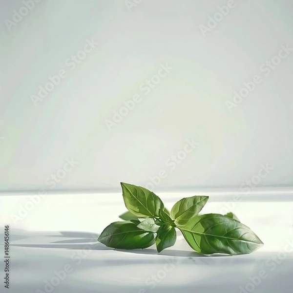 Obraz A pair of basil leaves sit on a pristine white surface, their vibrant green color and natural texture highlighted by soft, gentle light.