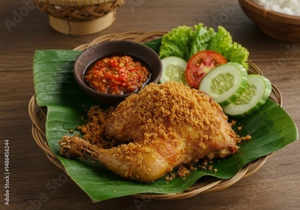 Fototapeta Ayam Goreng Kremes
Crispy fried chicken with golden crunchy flakes (ayam goreng kremes), served on banana leaf, with sambal and fresh vegetables on the side