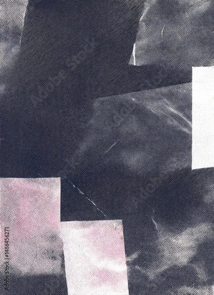 Fototapeta Layered Abstract with Soft Pink Accents and Textured Dark Blocks. This abstract artwork features a dynamic arrangement of dark textured panels with delicate pink and white accents. 