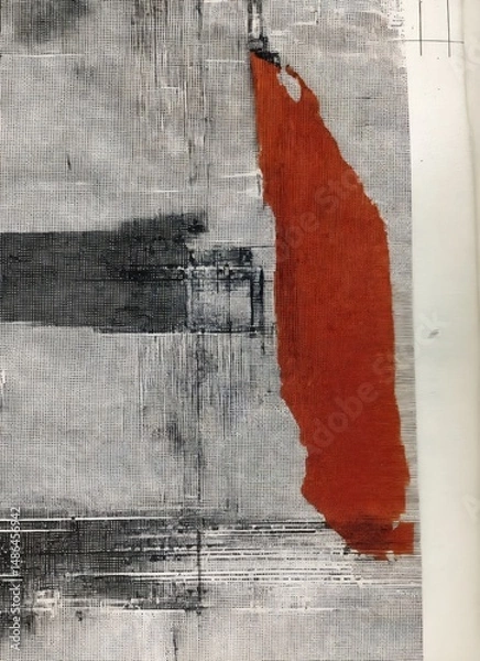 Obraz Abstract Mixed Media with Red Accent and Grunge Brush Texture. This abstract artwork blends monochrome textures with a bold vertical red form, creating a striking contrast between movement 