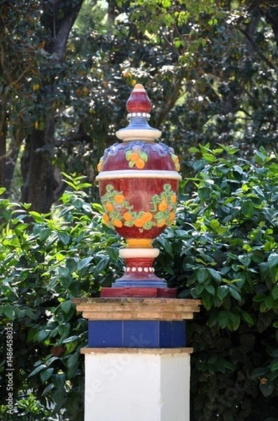 Obraz Spain, Seville, ornamental ceramic urn with fruit and flowers decorated on it