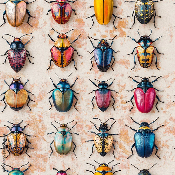 Fototapeta Seamless Pattern of Colorful Beetles with Iridescent Shells on Vintage Textured Background