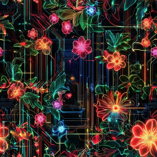 Fototapeta Futuristic Neon Floral Pattern with Circuit Board Technology Background