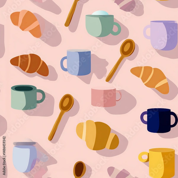 Fototapeta Seamless Breakfast Pattern with Colorful Cups, Spoons, and Croissants on Soft Pink Background