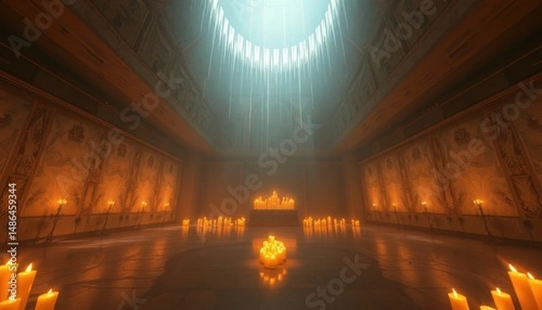 Fototapeta Candlelit chamber: Mystical hall with illumination and celestial rays