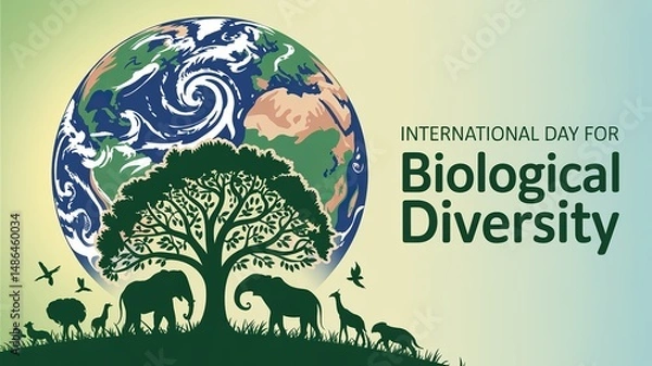 Fototapeta International Day for Biological Diversity, Earth cradles biodiversity with thriving animals under trees, promoting ecological balance globally.