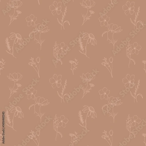 Fototapeta Seamless sketch illustration in line art style elegant bouquet with silhouette pink wild flowers, herbs, spikelets  on mocha brown background for wrapping, textile, cards, packaging and decor.