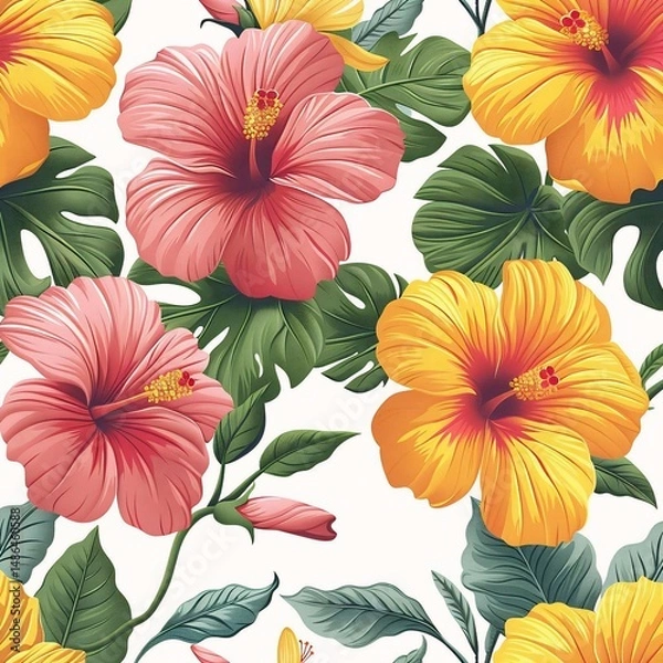 Obraz A vibrant hibiscus pattern features full-bloom flowers in pink, yellow, and orange, surrounded by green leaves on a white background, perfect for wallpaper or fabric.
