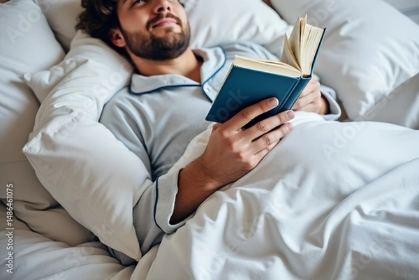 Obraz Man reading book while lying in bed surrounded by pillows  