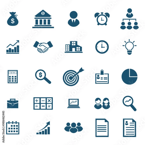 Obraz Essential Business Icons Set: Finance, Management, and Teamwork Symbols for Presentations and Websites