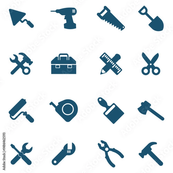 Obraz Flat construction and repair tool icon set in monochrome blue with hand tools and equipment