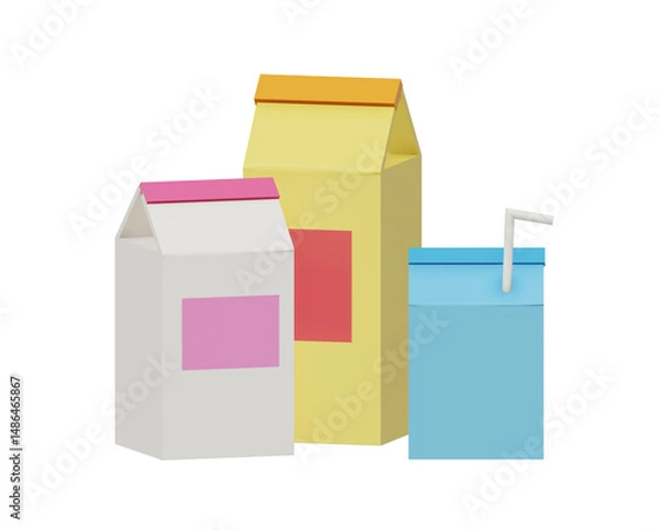 Fototapeta Juice, milk cardboard packages mockup set. 3D dairy product, fruit drink blank container for product design. Realistic carton boxes for beverage branding. No label packages