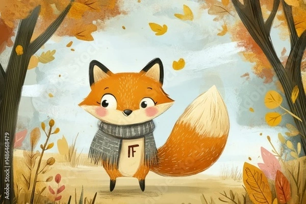 Obraz flashcard with letter F, friendly fox, children's learning illustration
