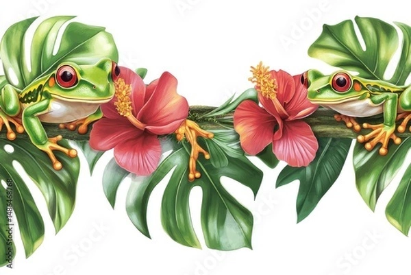 Obraz frogs in Thai flower garlands with tropical leaves, seamless vector, white background