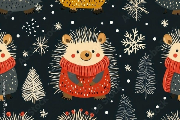 Obraz hedgehogs in Finnish winter clothes with snowflakes and pine trees, vector seamless pattern -