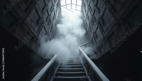 Fototapeta Eerie staircase ascending through smoke towards skylight