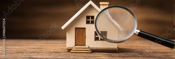 Fototapeta Home Inspection Magnifying Glass - A wooden model house sits on a wooden surface with a magnifying glass inspecting it. Ideal for real estate, home buying, or property inspection concepts